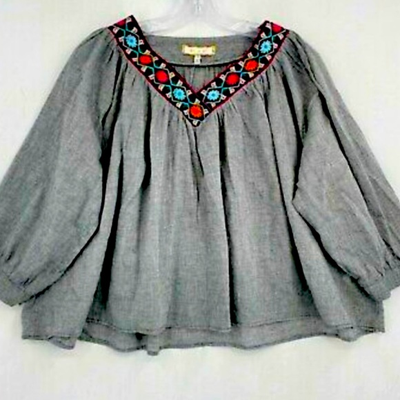Anthropologie Eri + Ali Boho Embroidered V-Neck Flowy Top Small - Picture 2 of 13